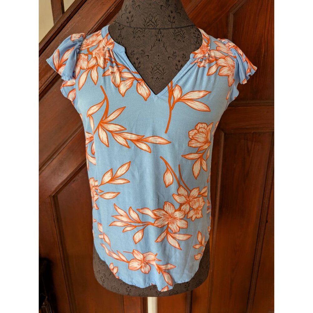 Talbots Womens Petite Floral Print Top P Viscose Blue & Orange